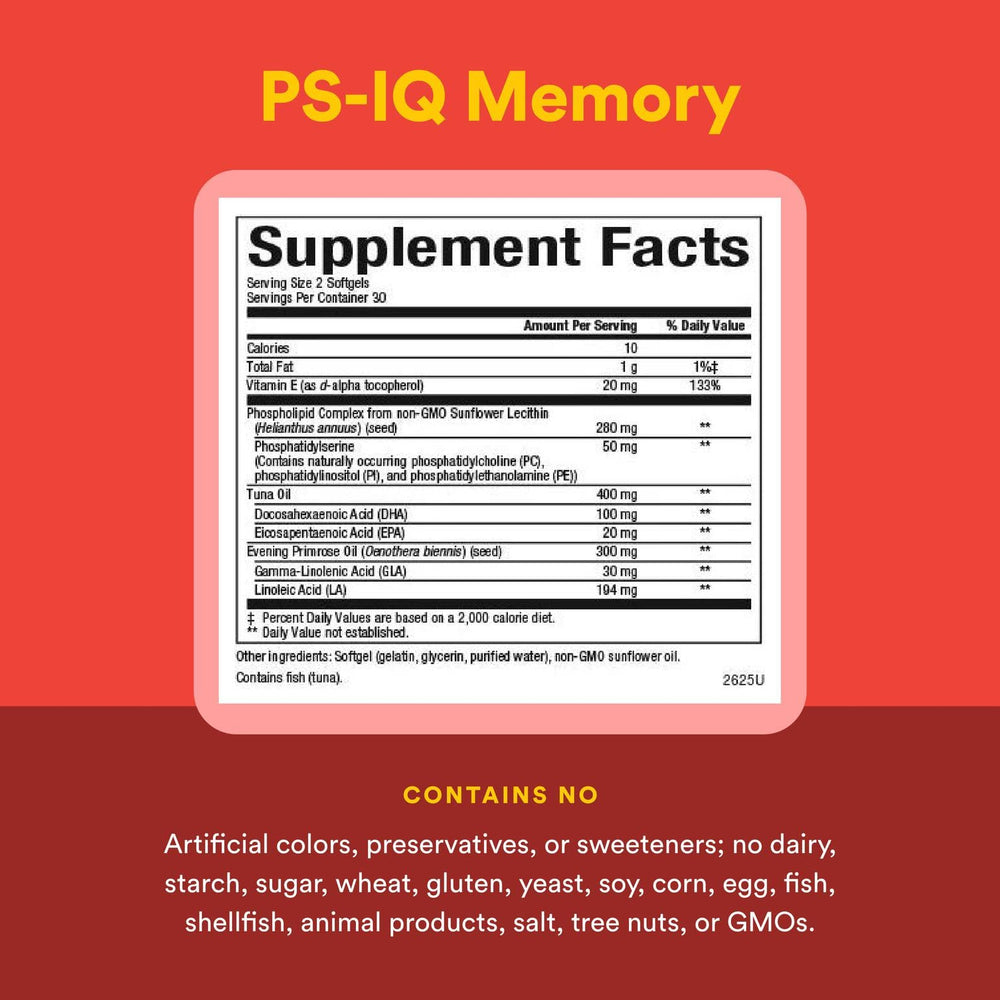 Natural Factors PS-IQ Memory supplement facts panel emphasizing potency and fatty acids.