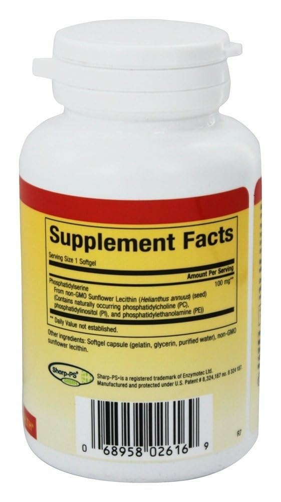 Close-up of Natural Factors PS softgels capsules for daily focus.
