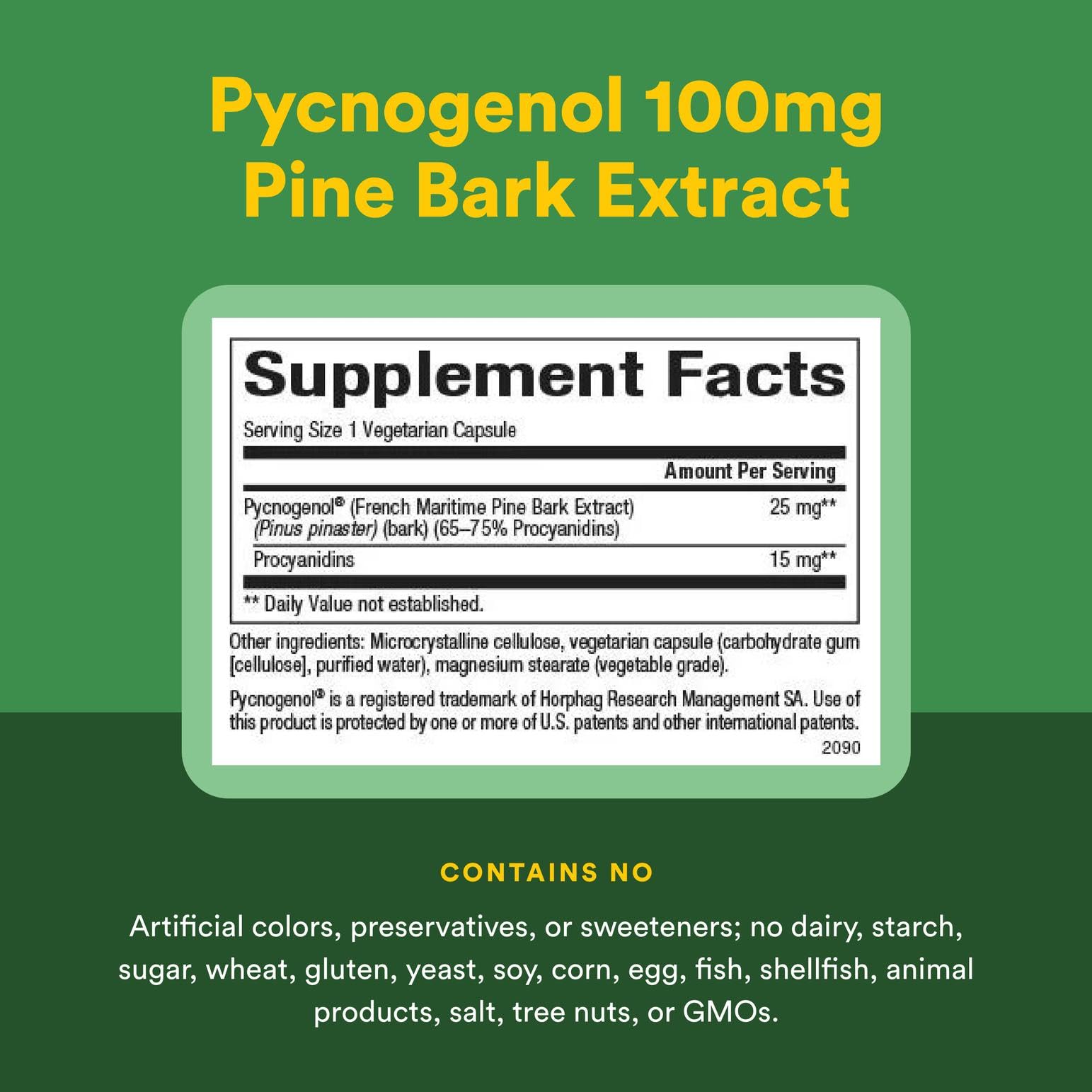 Natural Factors Pycnogenol 25 mg ingredients — pine bark extract for natural antioxidants.
