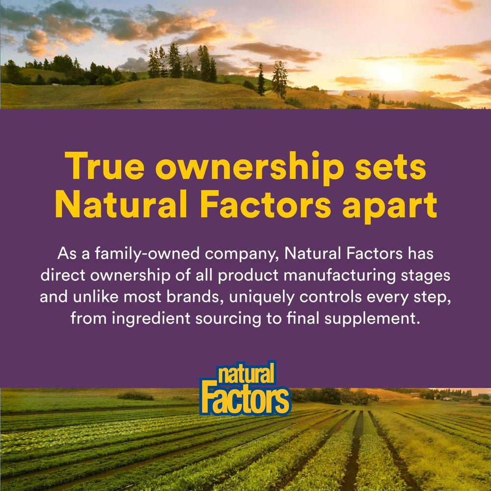 Natural Factors quality control seal on label communicates trusted manufacturing