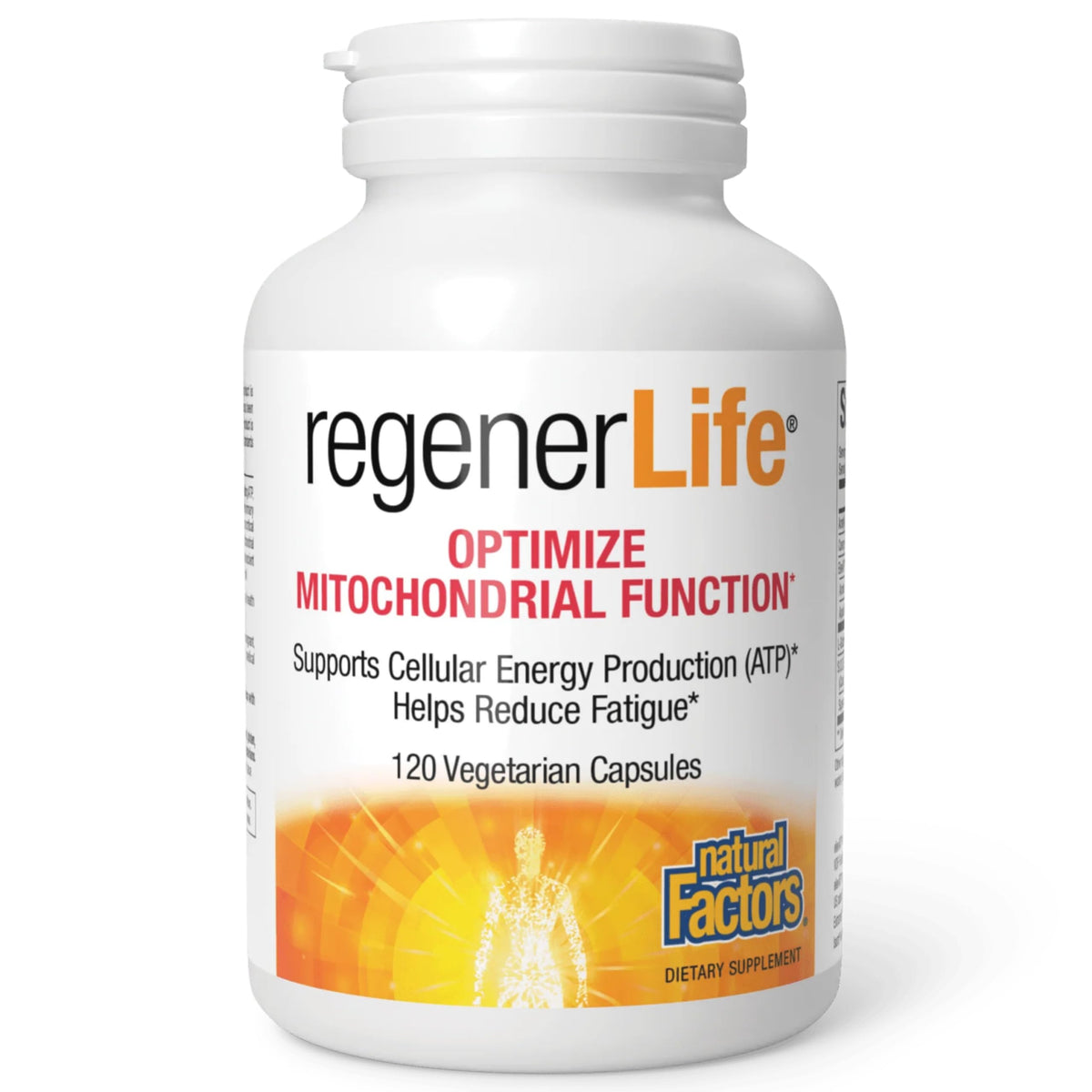 Natural Factors RegenerLife bottle showcases convenient mitochondrial support for daily wellness.