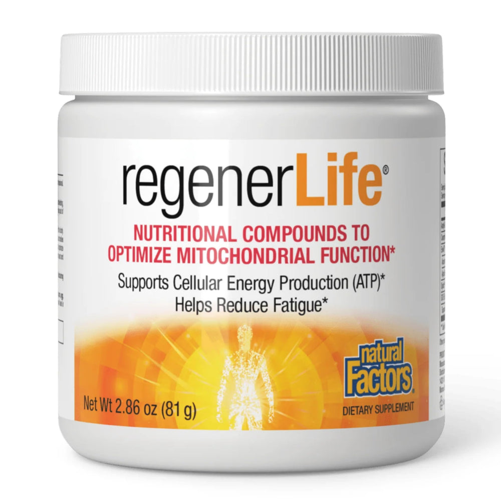 Natural Factors RegenerLife powder in a tub for convenient daily mitochondrial support