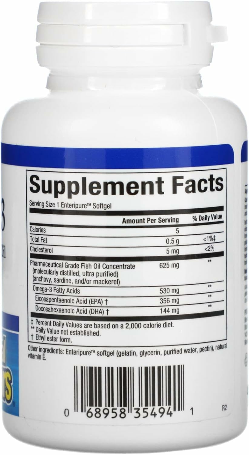 Natural Factors RxOmega-3 mini-gels capsules on label signaling balanced EPA and DHA