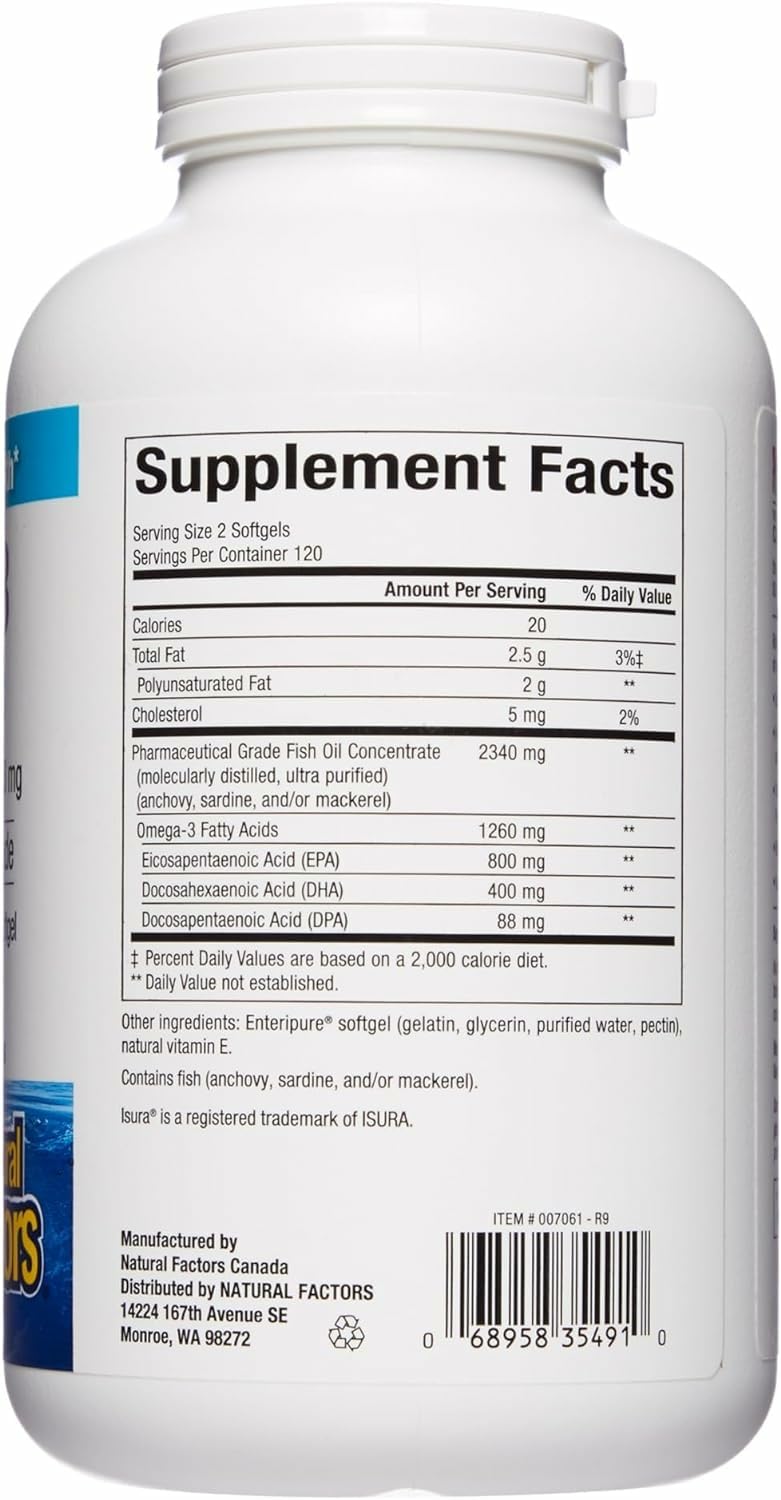 Natural Factors RxOmega-3 softgels pack highlighting easy-to-swallow capsules and daily convenience