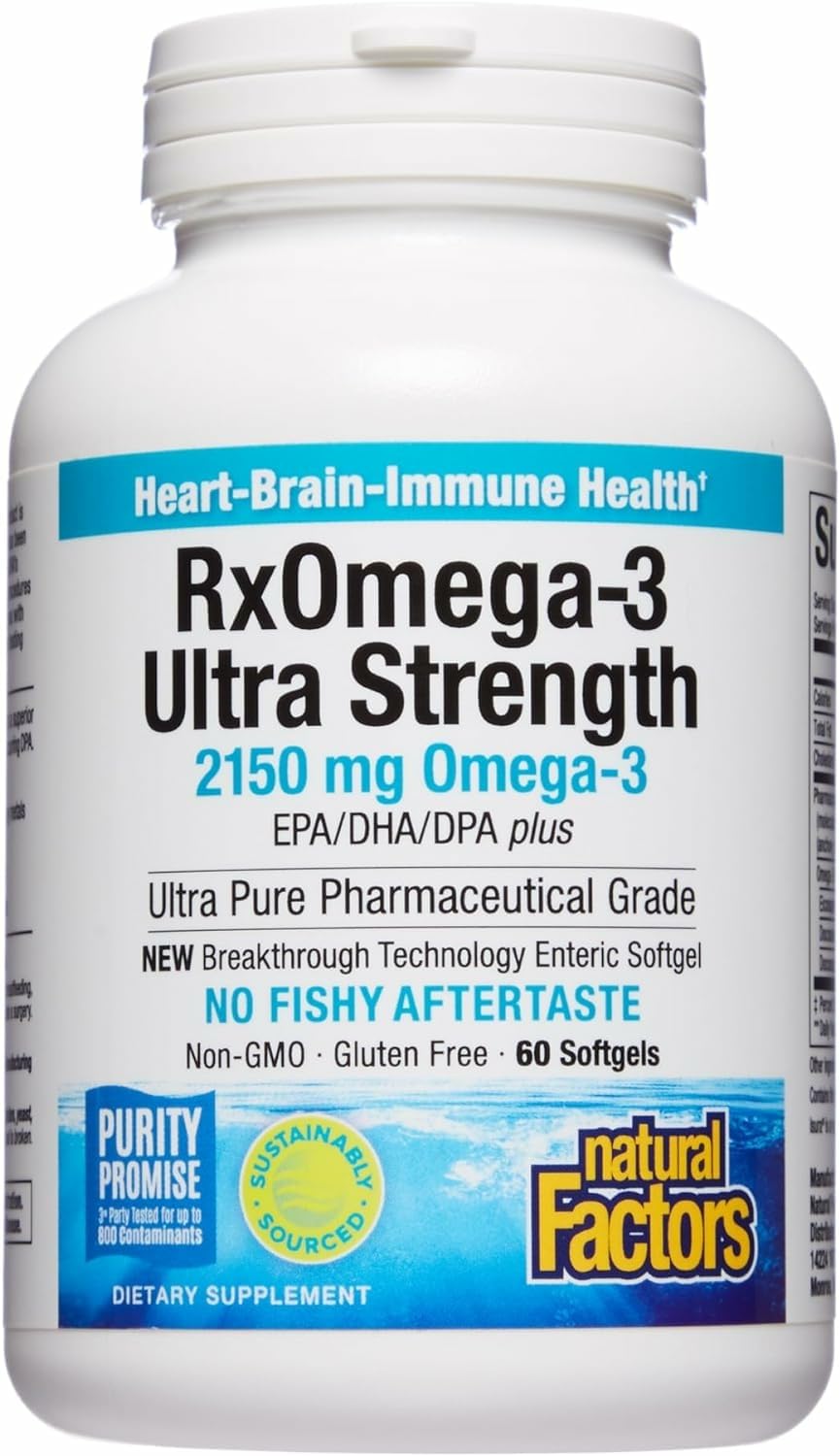 Natural Factors RxOmega-3 Ultra Strength bottle front conveys purity for daily heart and brain support.
