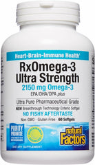 Natural Factors RxOmega-3 Ultra Strength bottle front conveys purity for daily heart and brain support.