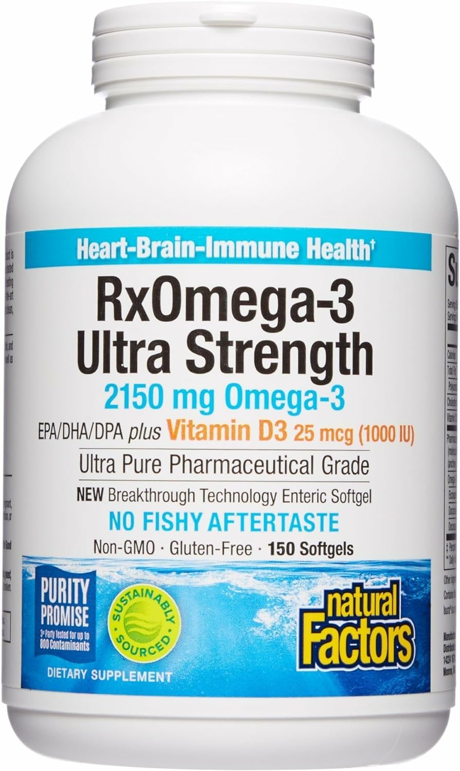 Natural Factors RxOmega-3 Ultra Strength bottle with capsules supporting brain and heart health