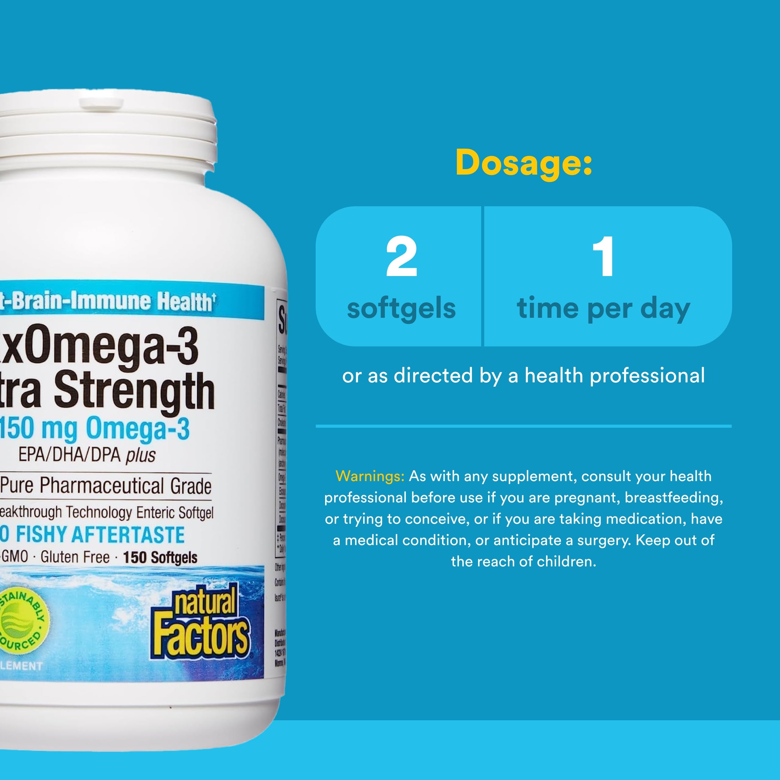 RxOmega-3 bottle with food illustrating take-with-meal guidance.