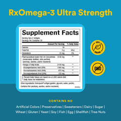 RxOmega-3 EPA and DHA formula label highlighting purity and ingredients.