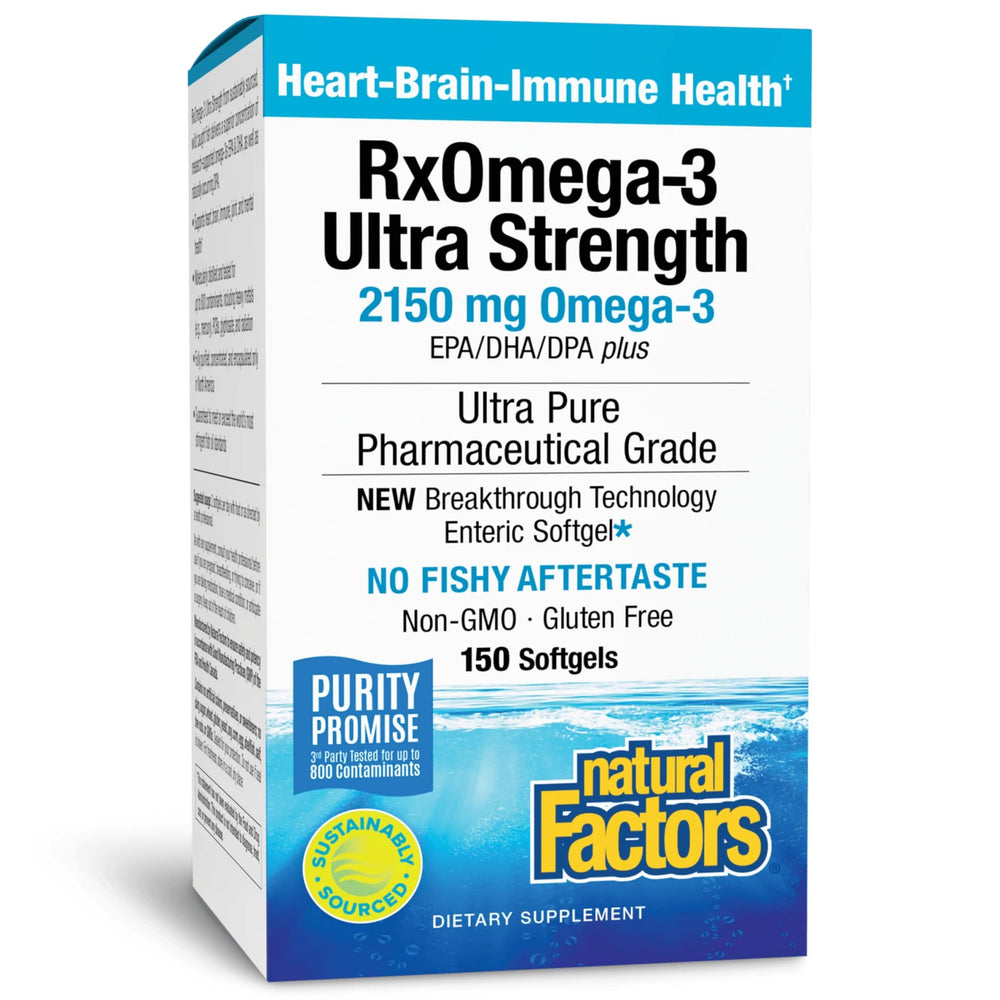RxOmega-3 Ultra Strength softgels close-up showing high EPA and DHA content.