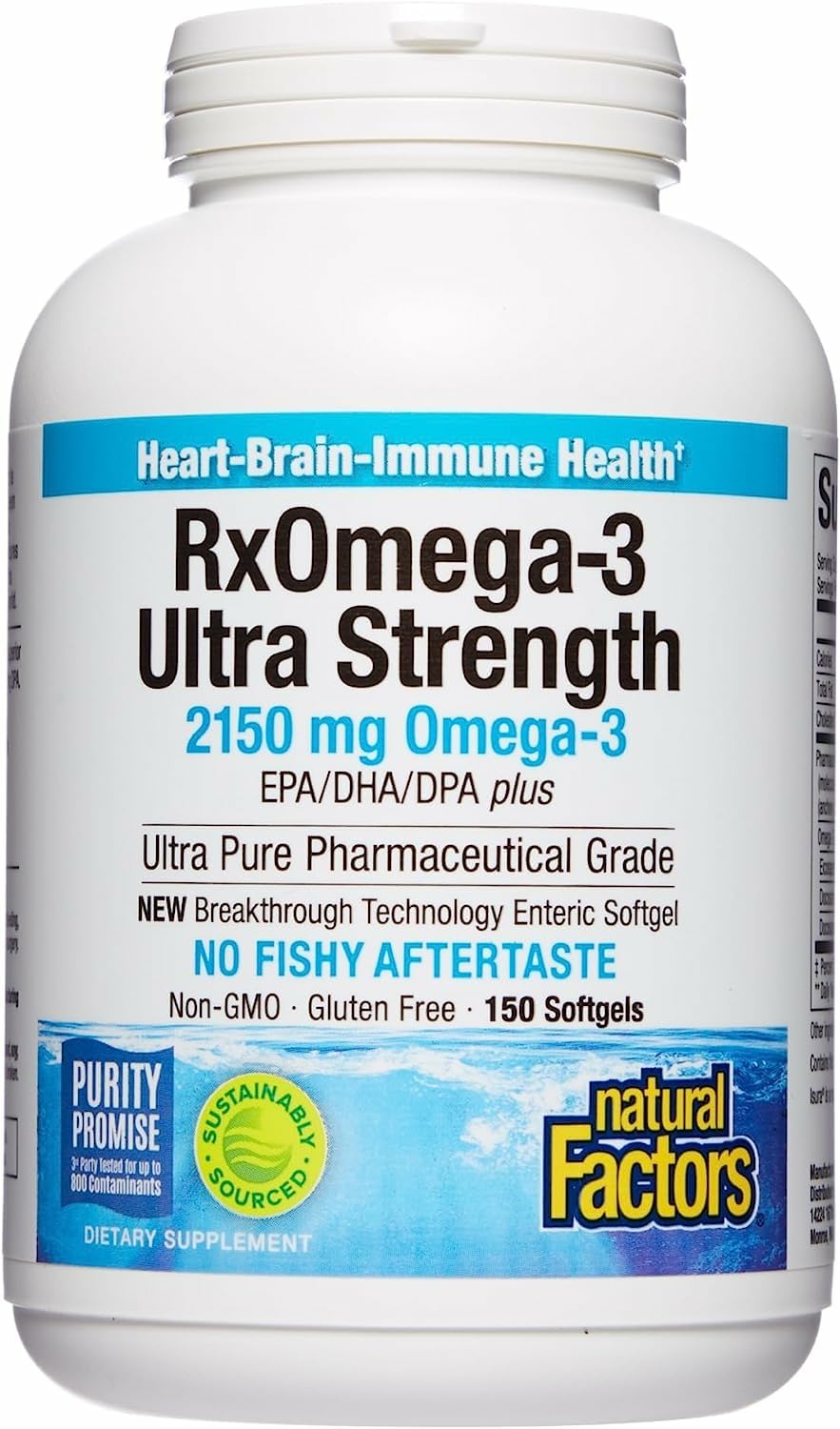 Natural Factors RxOmega-3 Ultra Strength bottle front view emphasizing purity and potency.