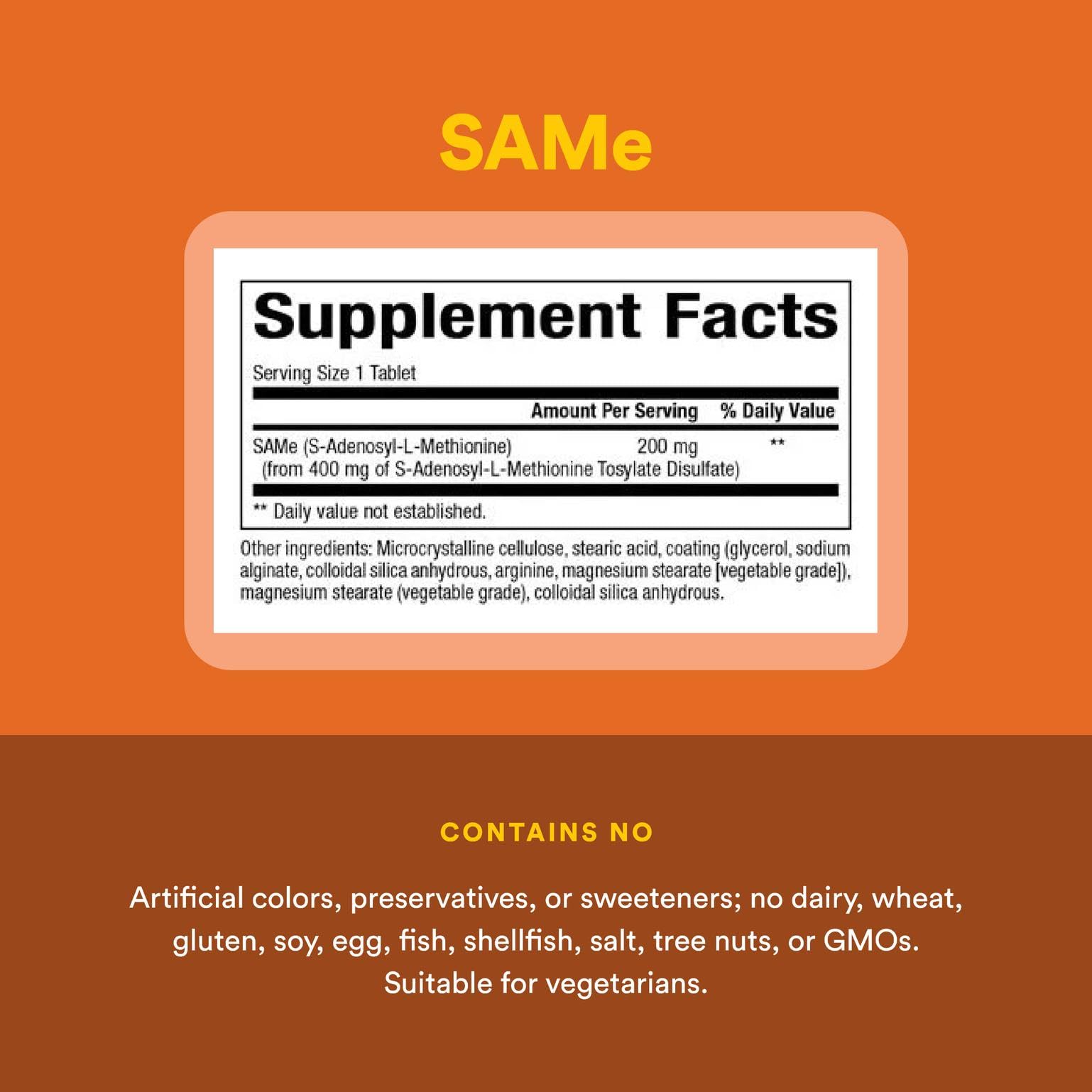 Natural Factors SAMe 200 mg bottle top view suggesting easy to swallow