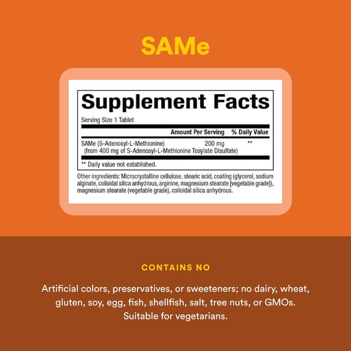 Natural Factors SAMe 200 mg bottle top view suggesting easy to swallow