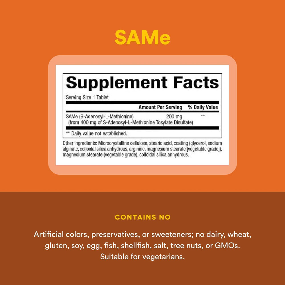 Natural Factors SAMe 200 mg bottle top view suggesting easy to swallow