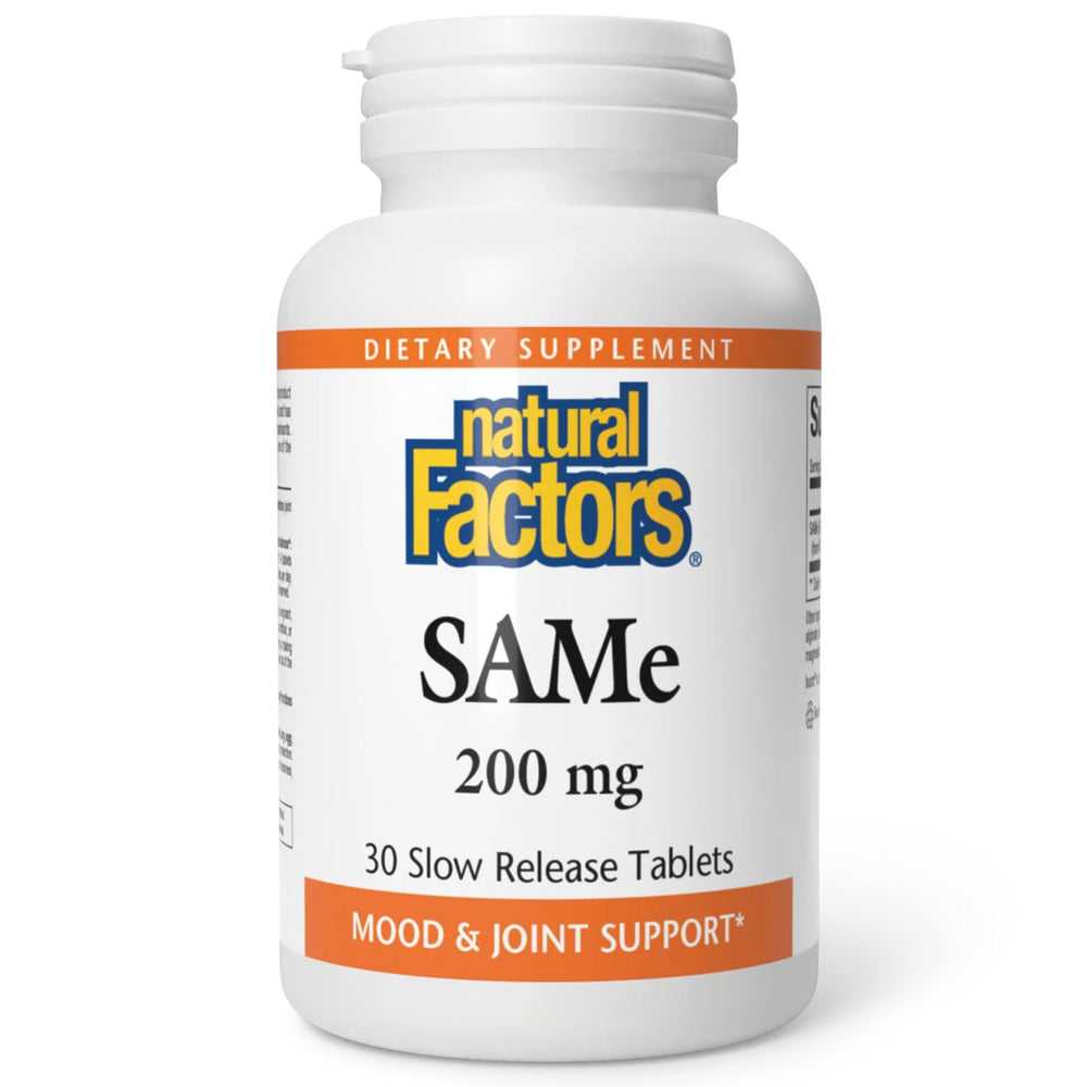 Natural Factors SAMe 200mg tablets in bottle for daily mood and joint support.
