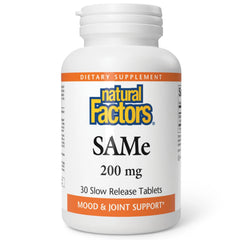 Natural Factors SAMe 200mg tablets in bottle for daily mood and joint support.