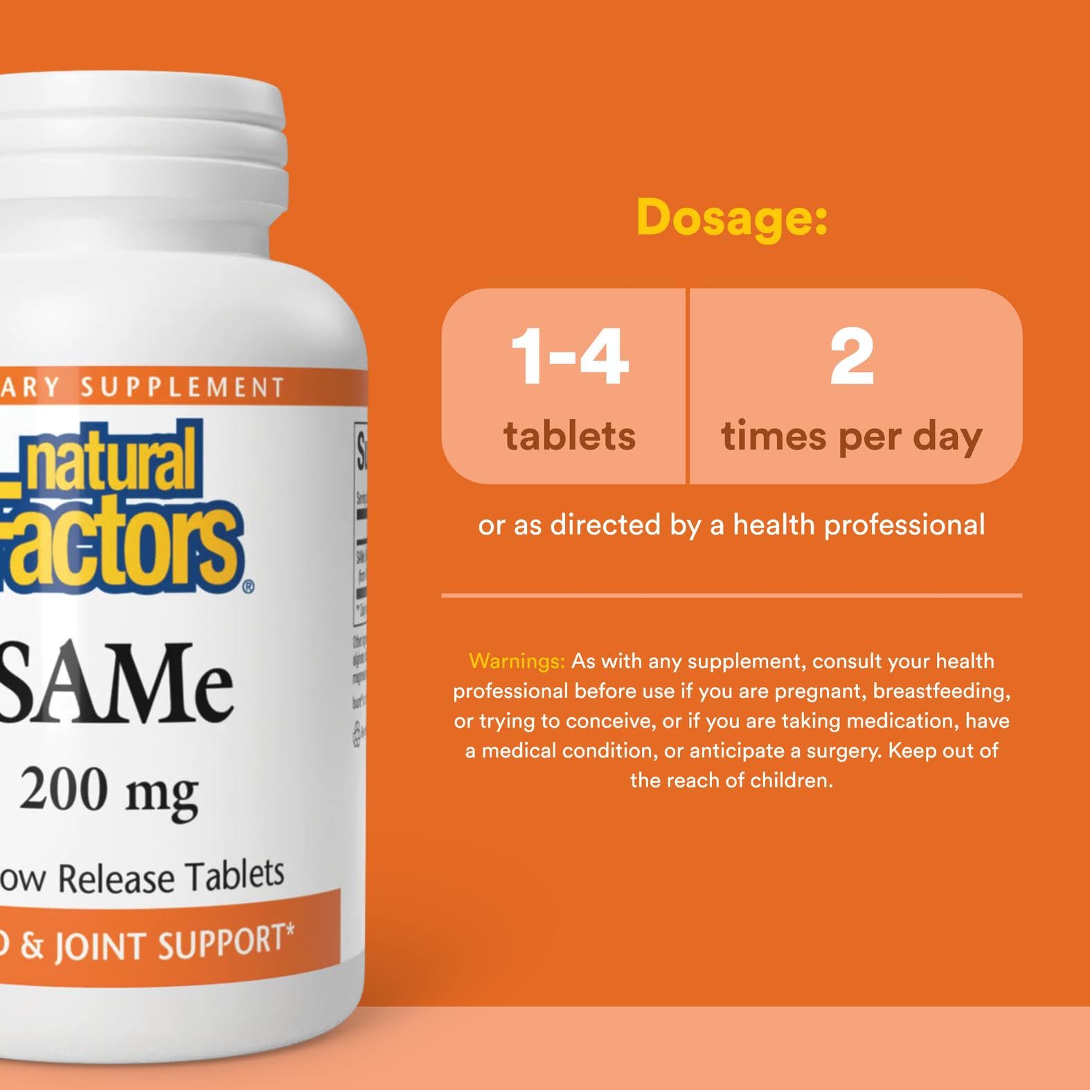 Natural Factors SAMe 200 mg tablets close-up indicating daily joint support