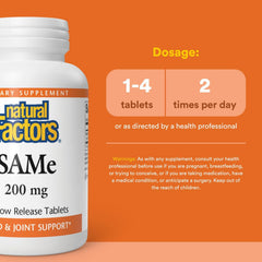 Natural Factors SAMe 200 mg tablets close-up indicating daily joint support