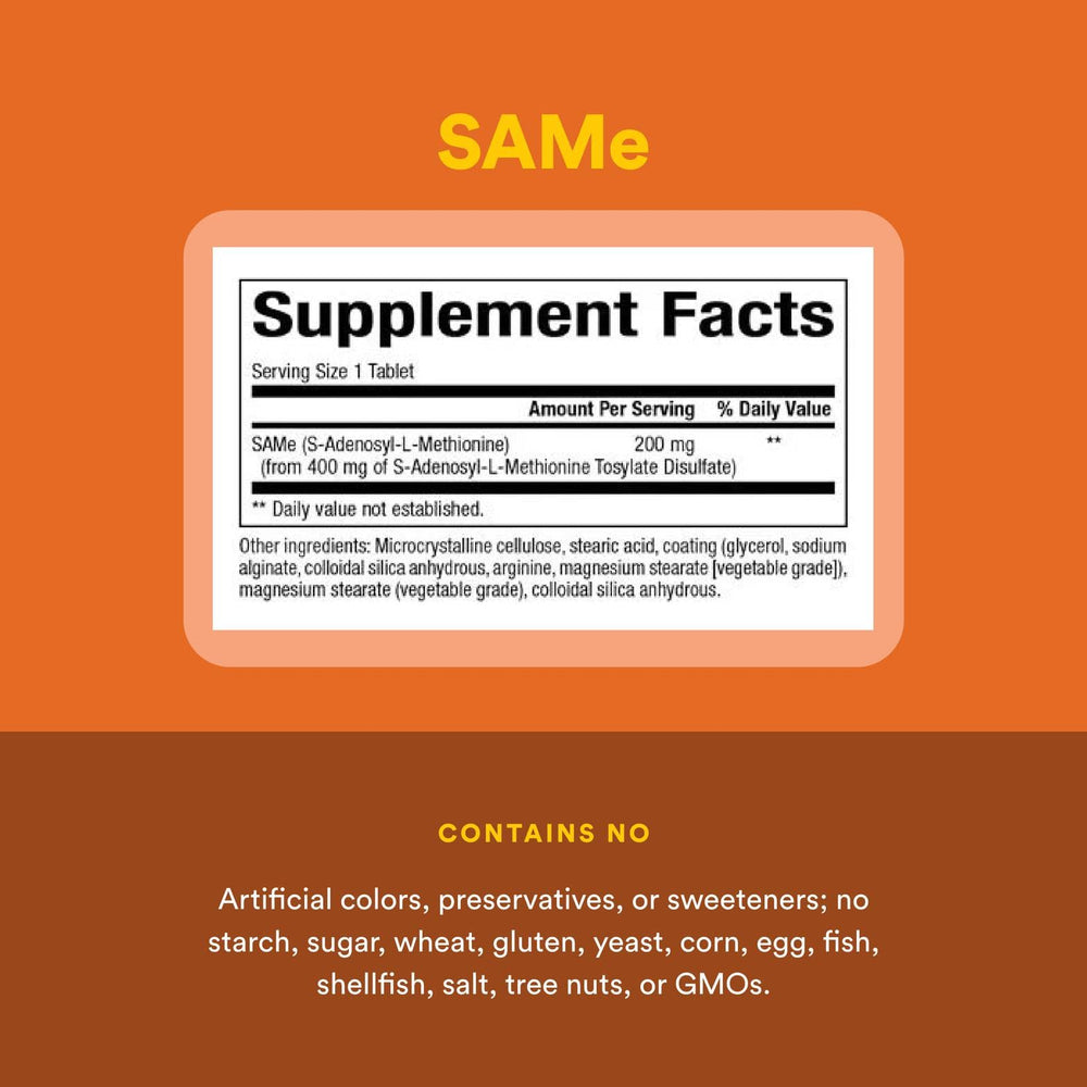 Natural Factors SAMe tablets on shelf illustrating easy access for daily use.