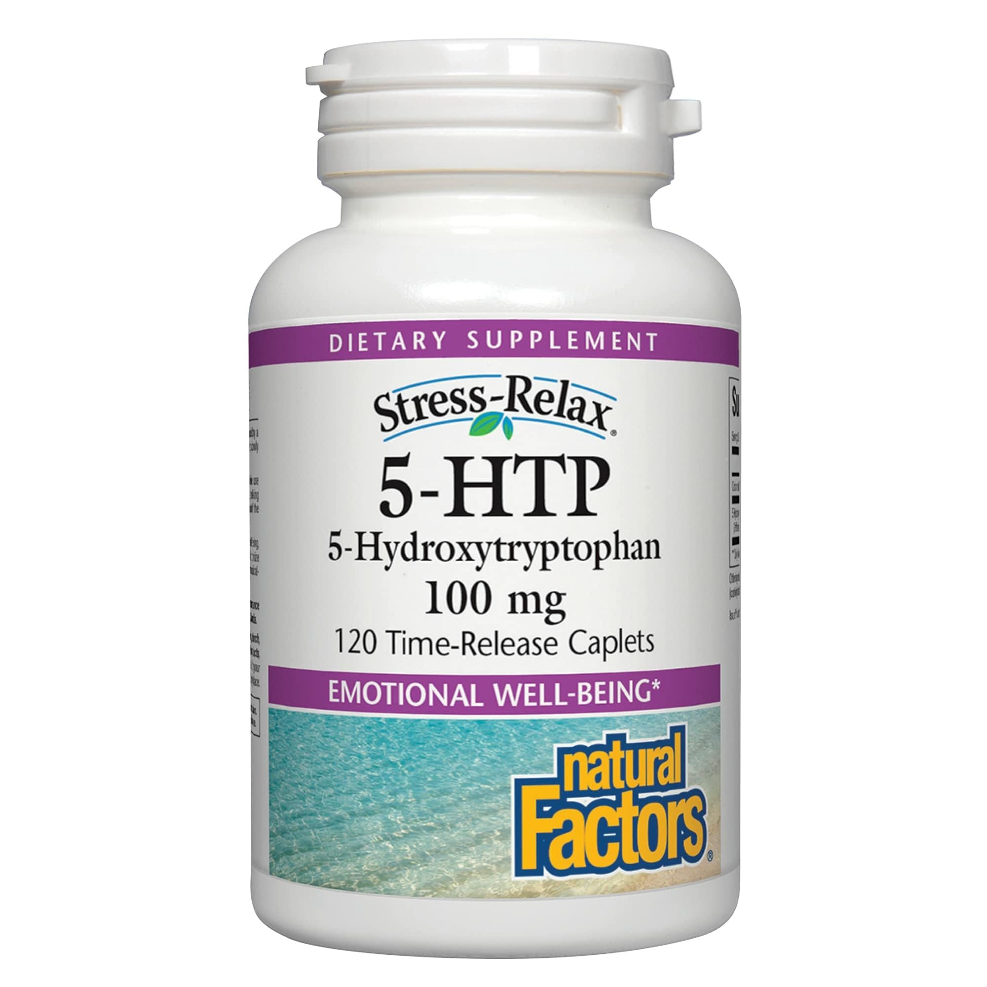 Natural Factors Stress-Relax 5-HTP bottle front promotes calm mood and sleep support.