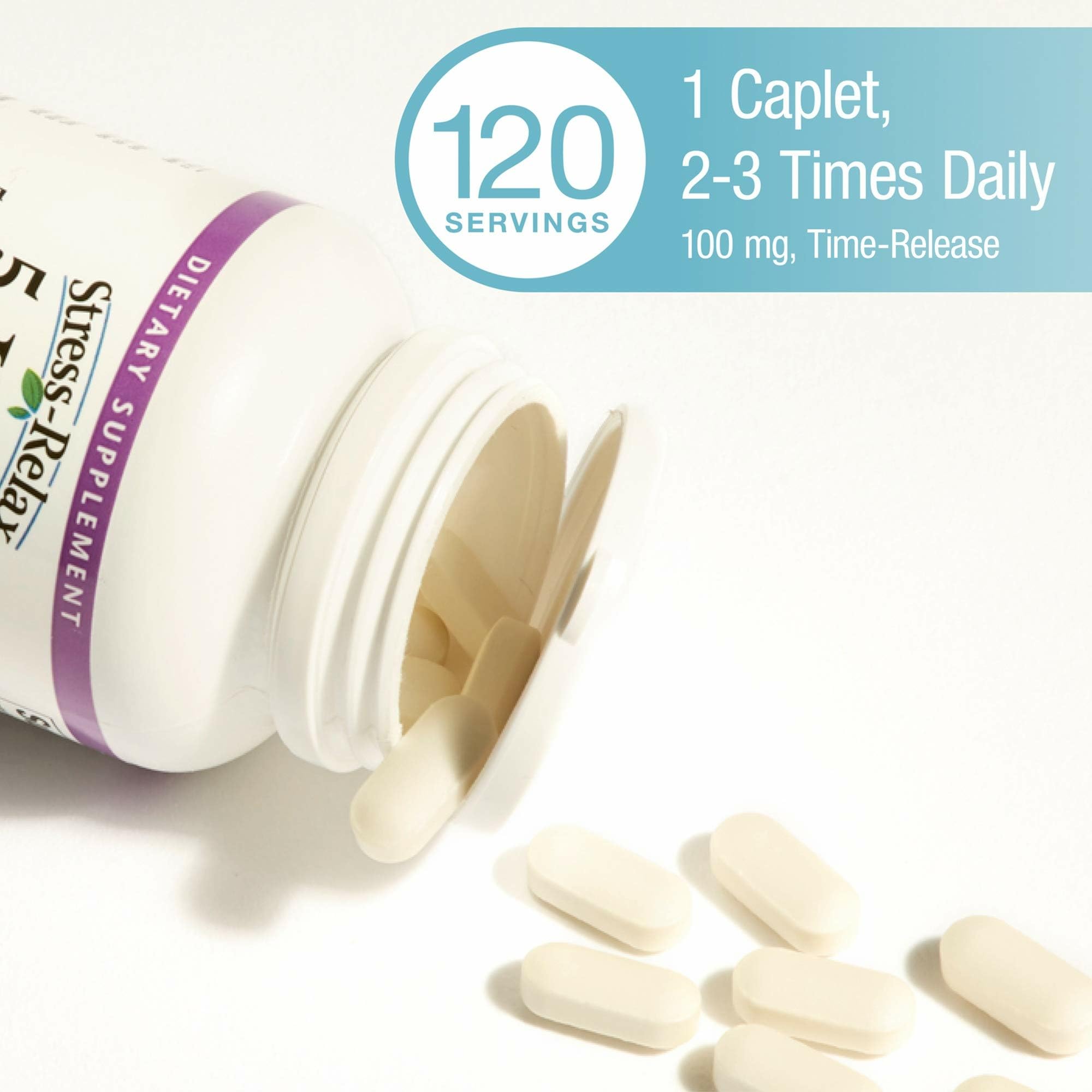 Person holding Stress-Relax caplets for easy daily use with meals.
