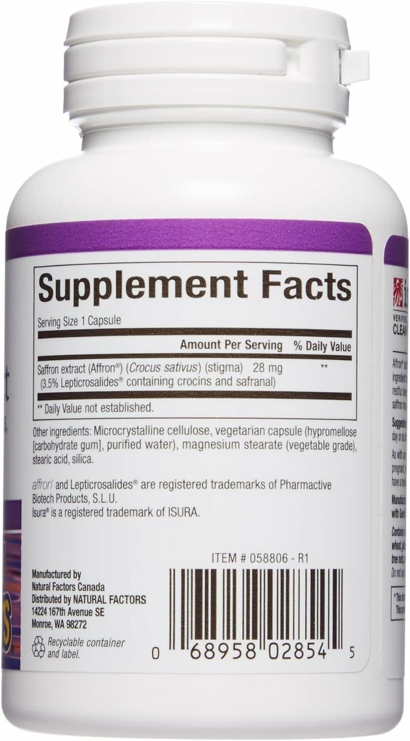 Natural Factors Stress-Relax capsules close-up highlights saffron potency.