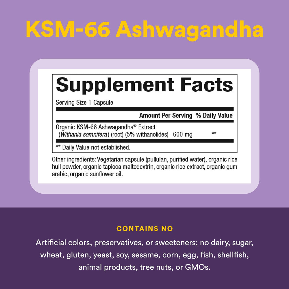 Natural Factors Stress-Relax KSM-66: etiqueta que destaca 600 mg de extracto KSM-66.