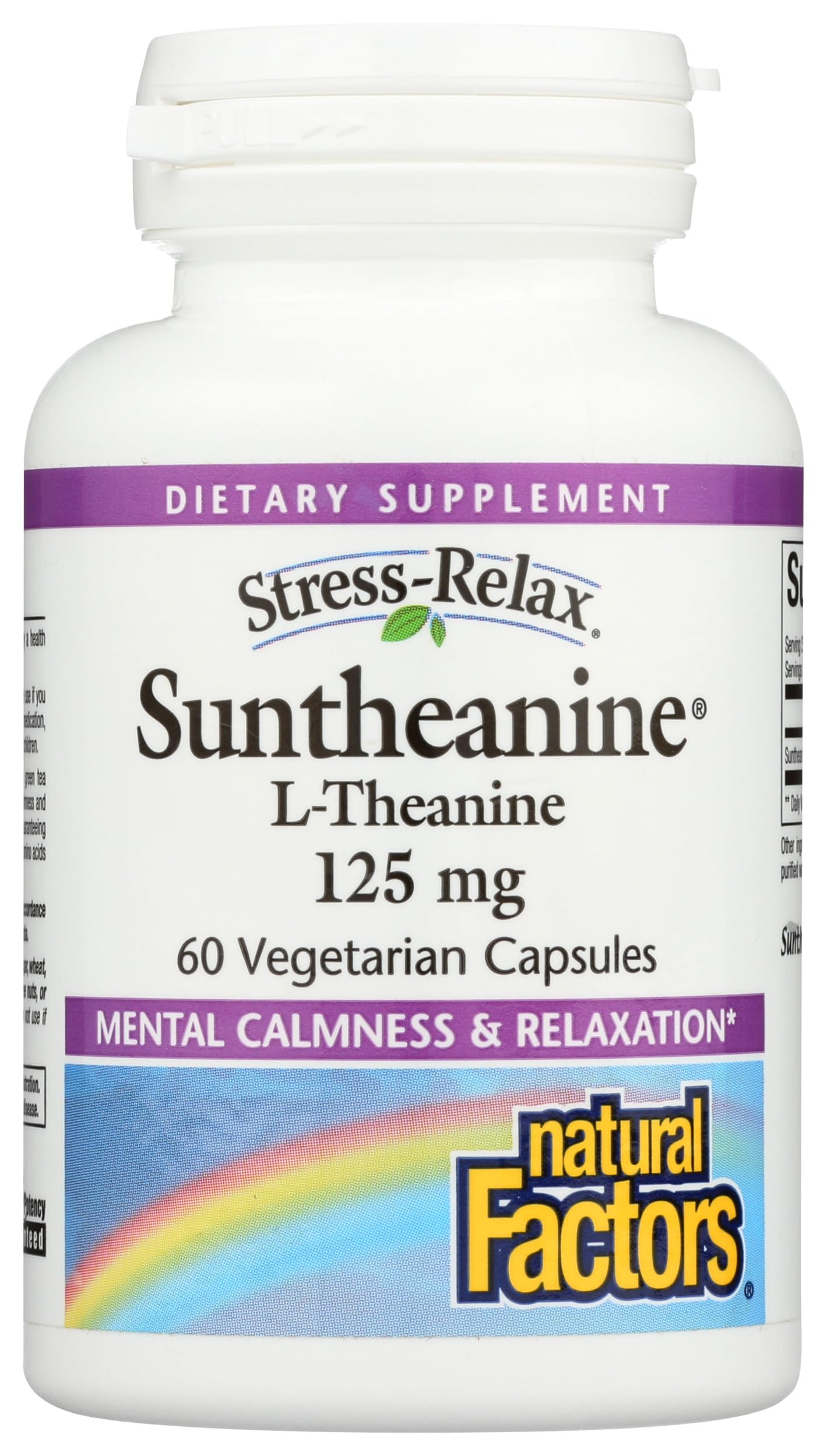 Natural Factors Stress-Relax Suntheanine bottle label promoting calm focus