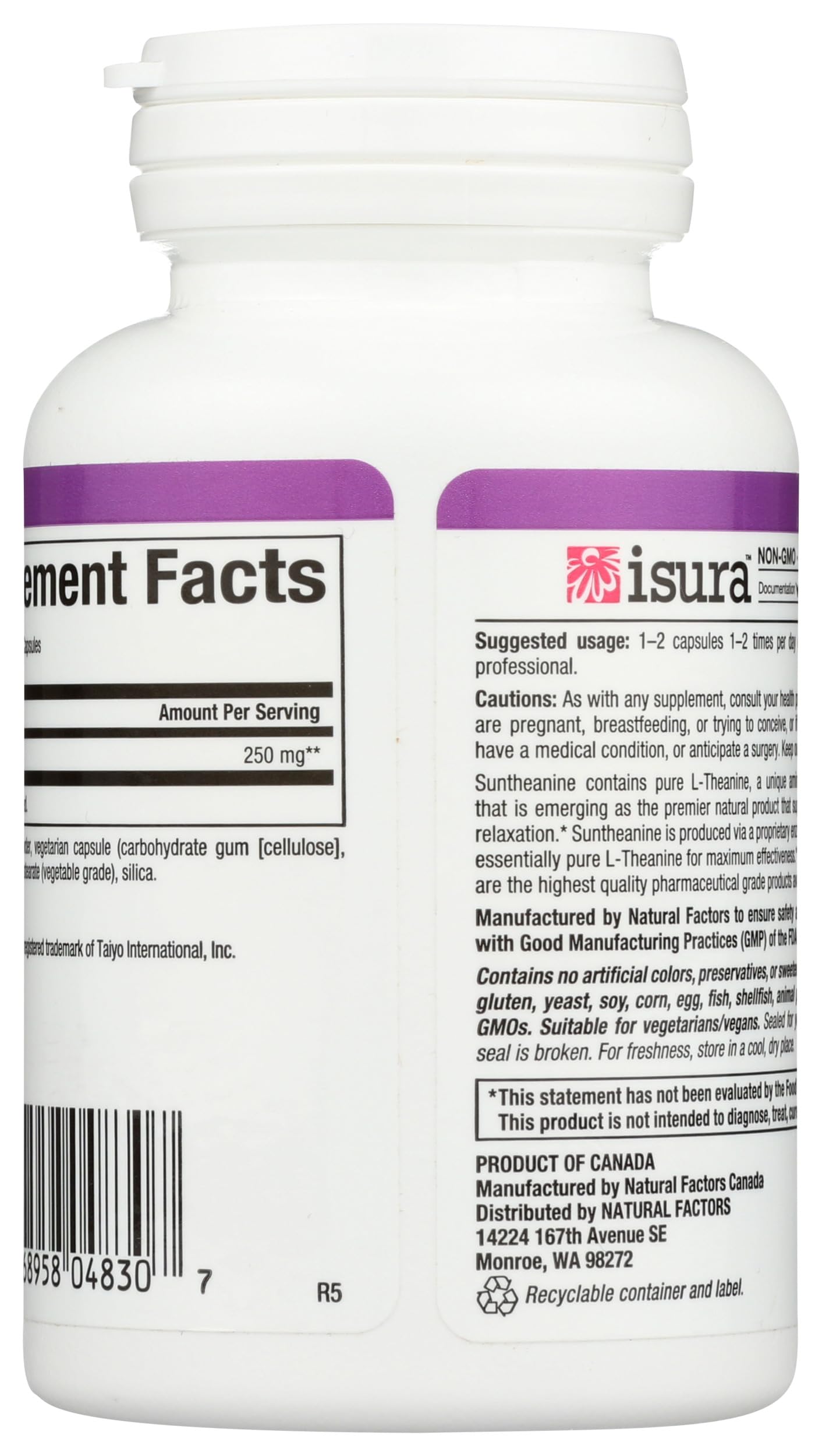 Natural Factors Stress-Relax Suntheanine capsules close-up emphasizing 125 mg dose