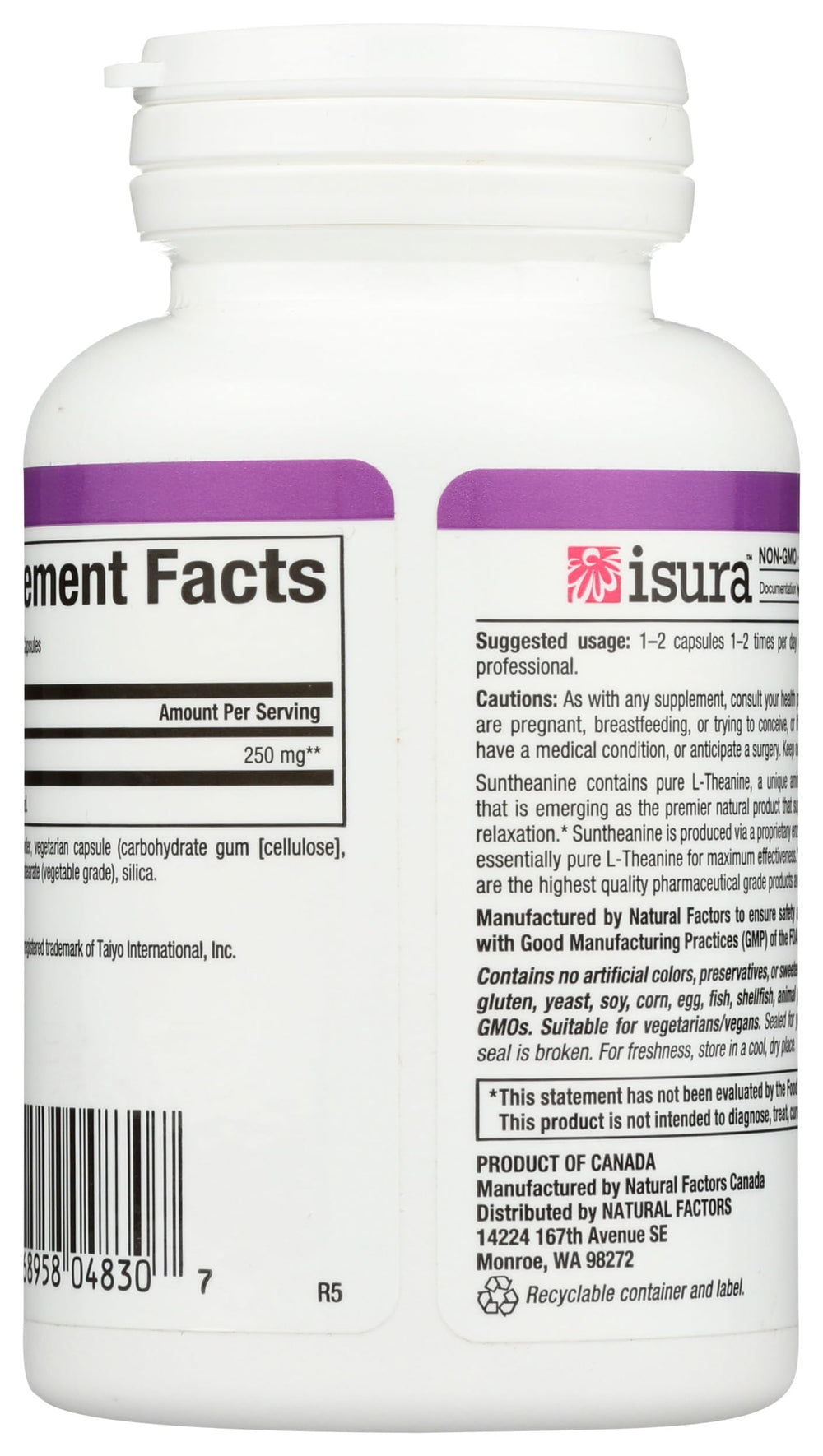 Natural Factors Stress-Relax Suntheanine capsules close-up emphasizing 125 mg dose