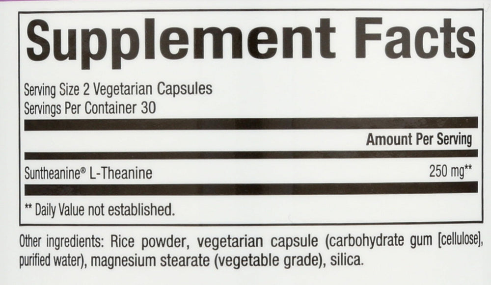 Natural Factors Stress-Relax Suntheanine capsules suggest twice-daily dosing for steady calm