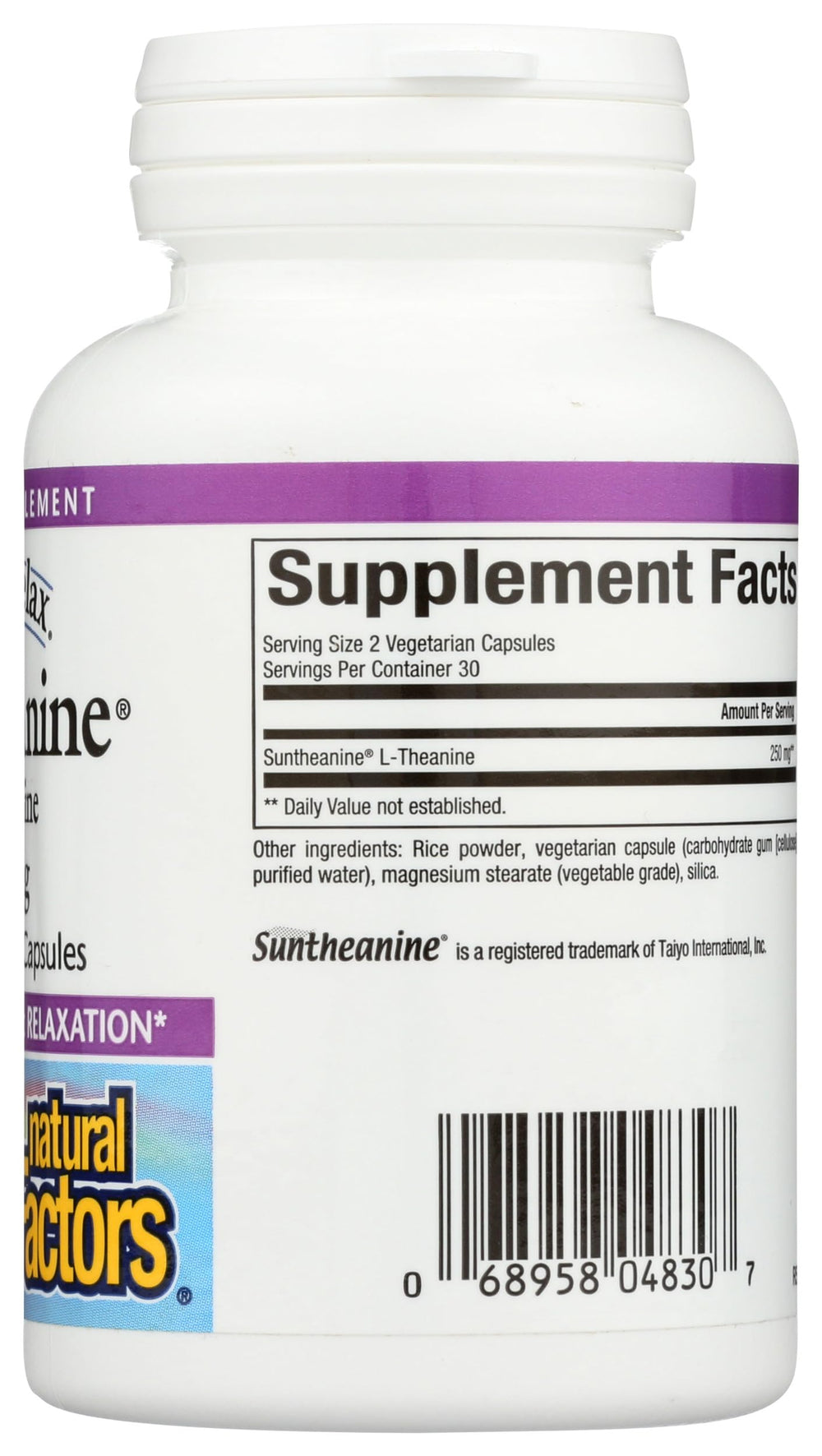 Natural Factors Stress-Relax Suntheanine dosing guide demonstrates easy 1-2 daily servings