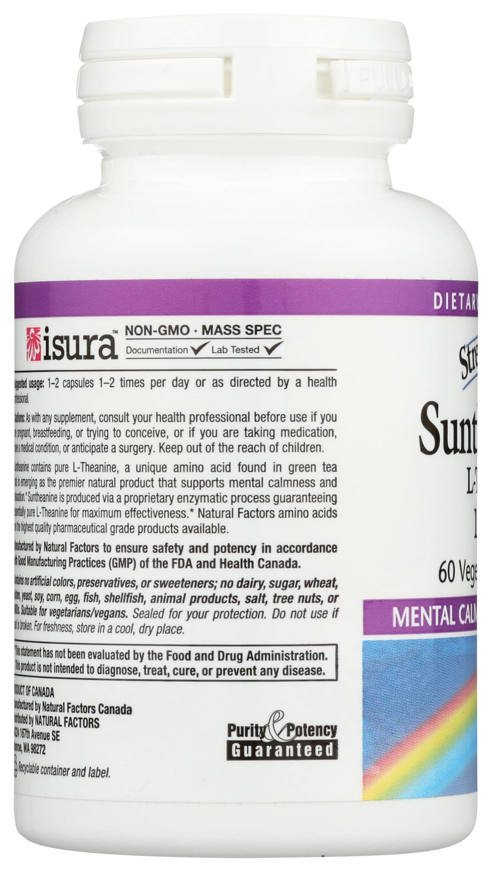 Natural Factors Stress-Relax Suntheanine product box indicates third-party testing for purity