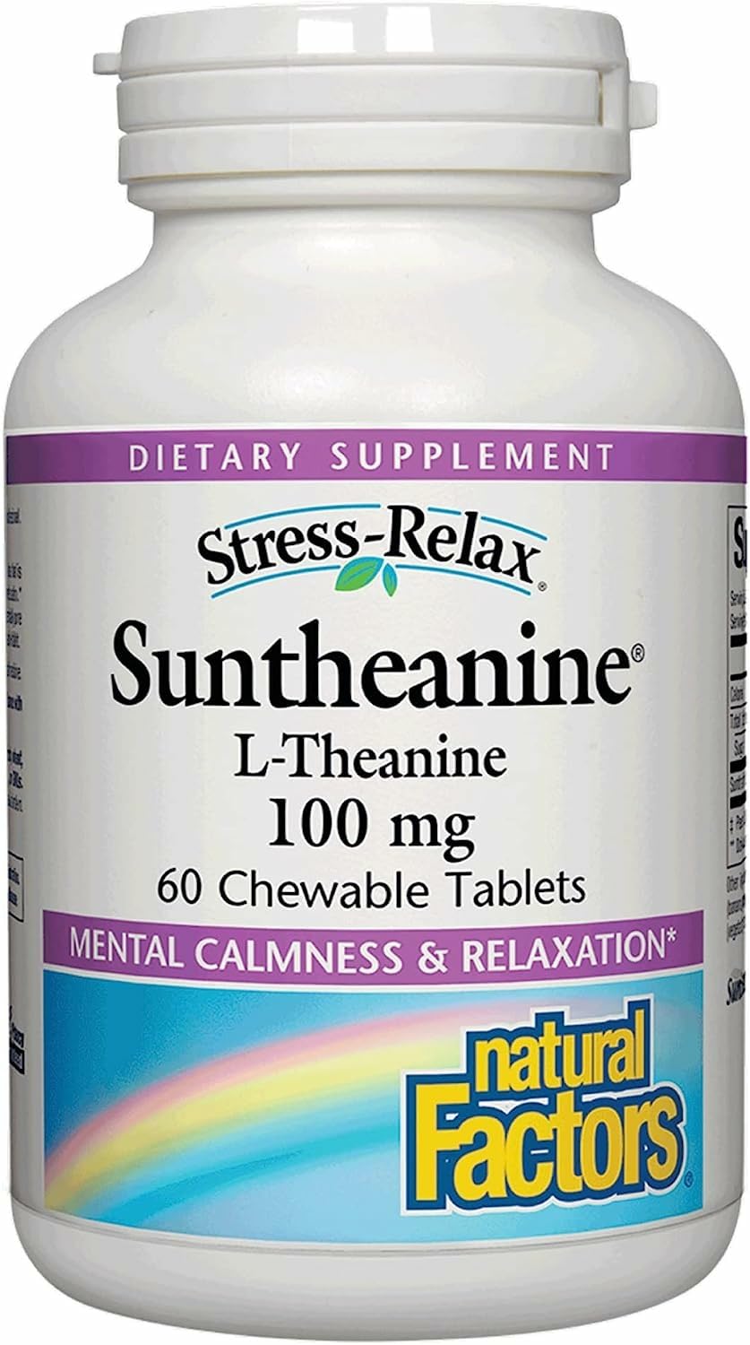 Natural Factors Suntheanine bottle with chewable tablets for calm focus.