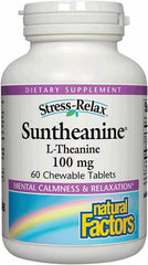 Natural Factors Suntheanine bottle with chewable tablets for calm focus.