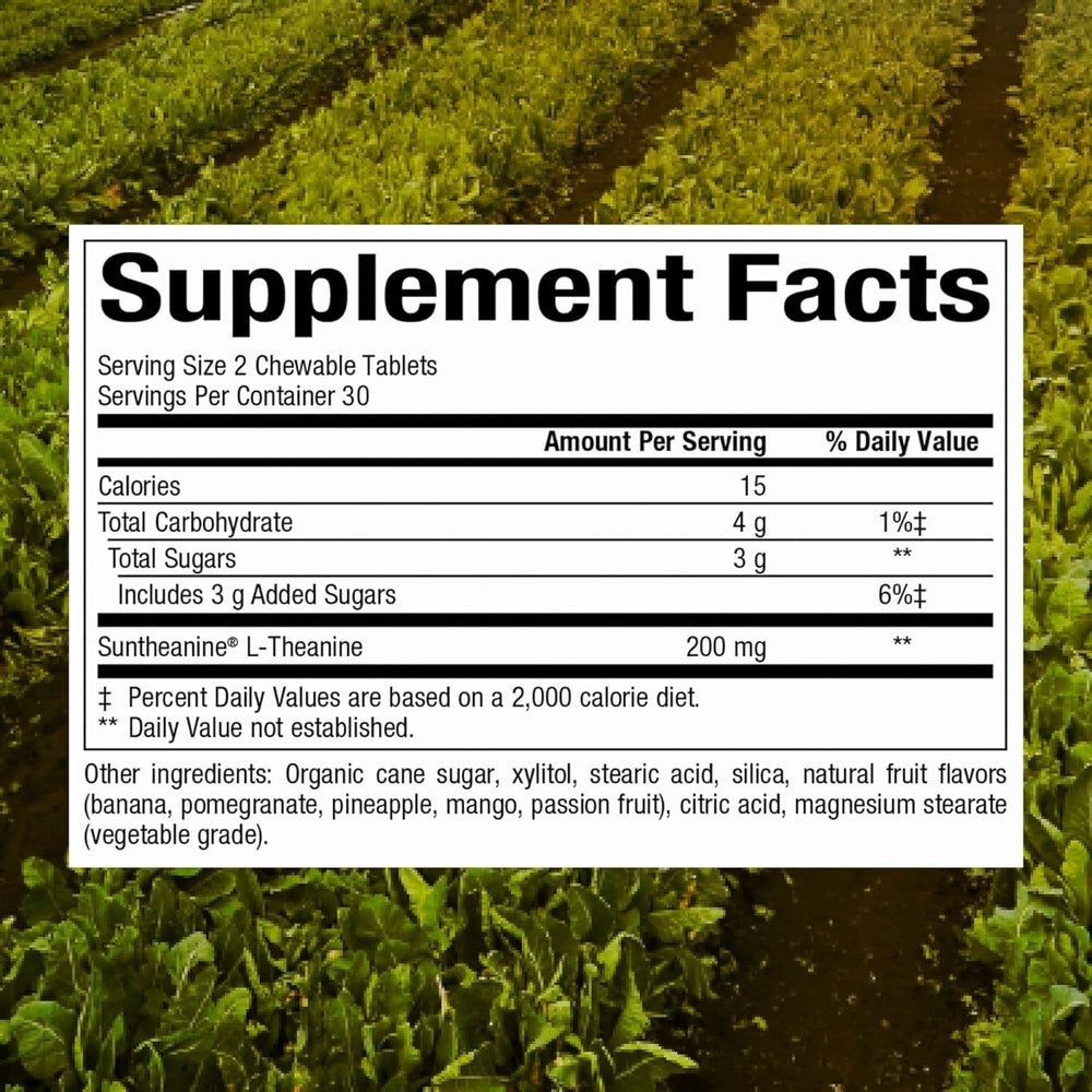 Close-up of Natural Factors Suntheanine chewable tablets for relaxed mood support.