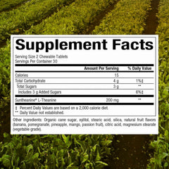 Close-up of Natural Factors Suntheanine chewable tablets for relaxed mood support.