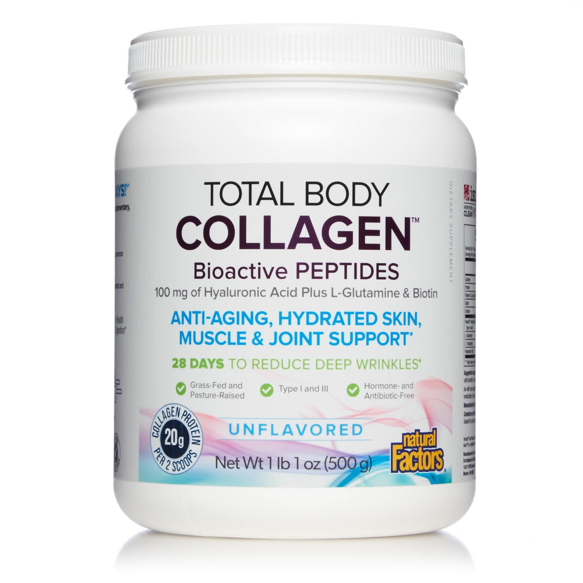 Natural Factors Total Body Collagen bottle closeup highlighting bioactive peptides for absorption