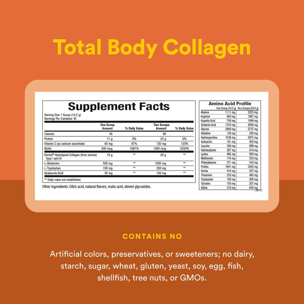 Natural Factors Total Body Collagen dairy-free and gluten-free label, suitable for dietary needs.