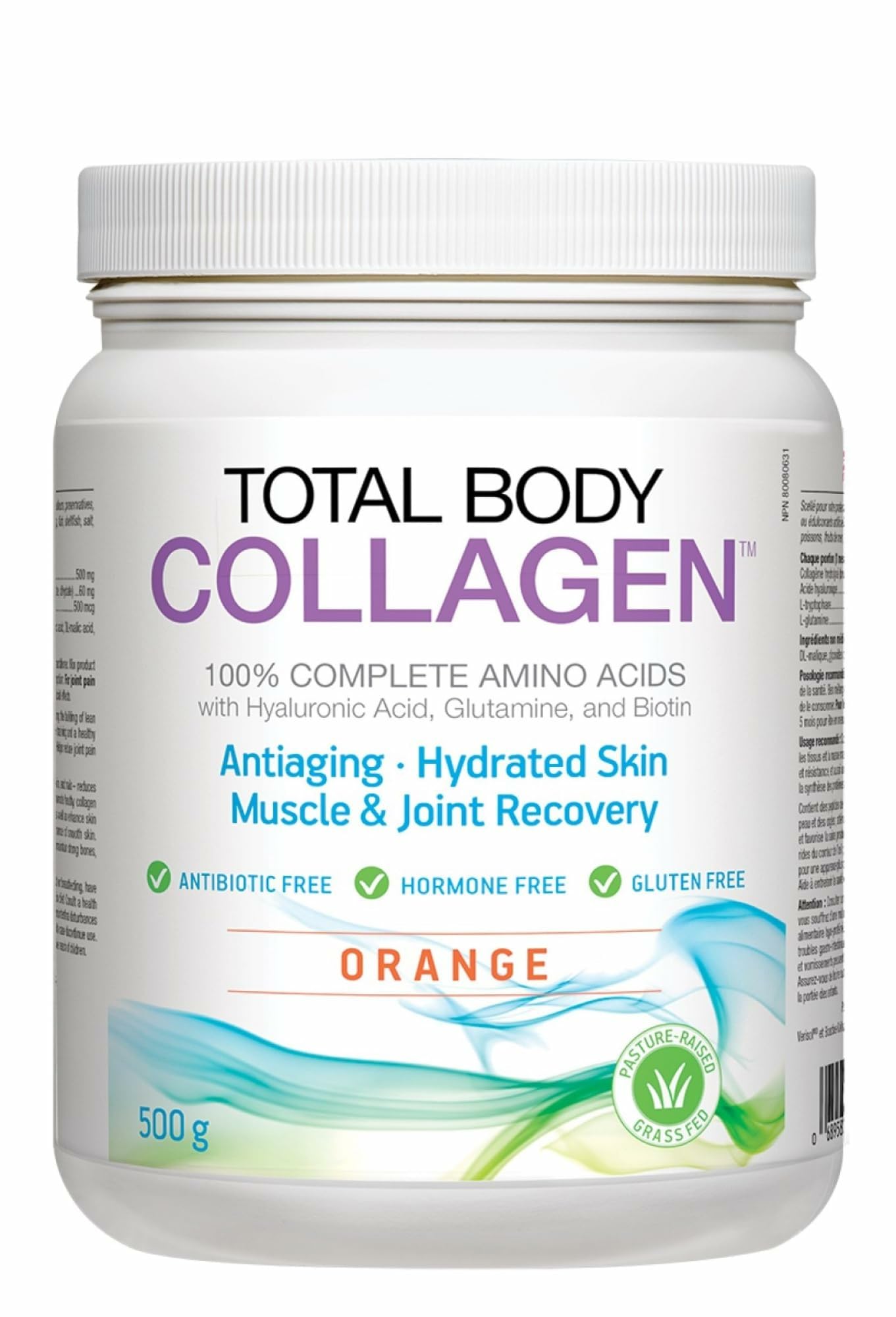 Natural Factors Total Body Collagen orange tub with Verisol peptides for skin and joints.
