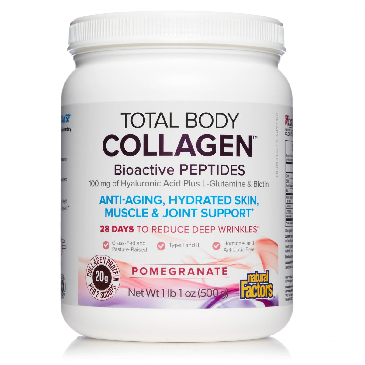 Natural Factors Total Body Collagen tub and scoop for easy daily use supporting skin and nails