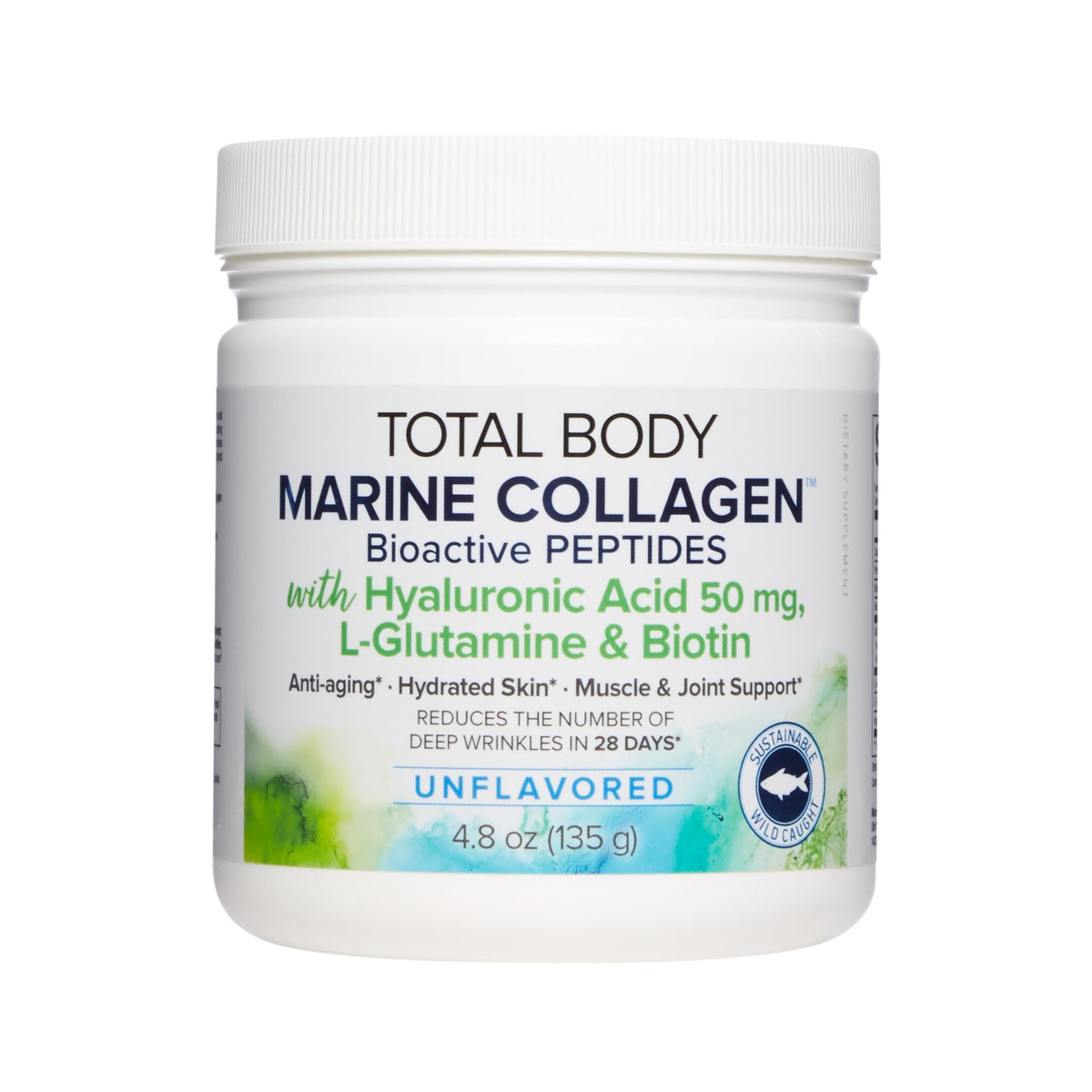 Natural Factors Total Body Marine Collagen bottle, unflavored, ideal for daily skin and joint routines.