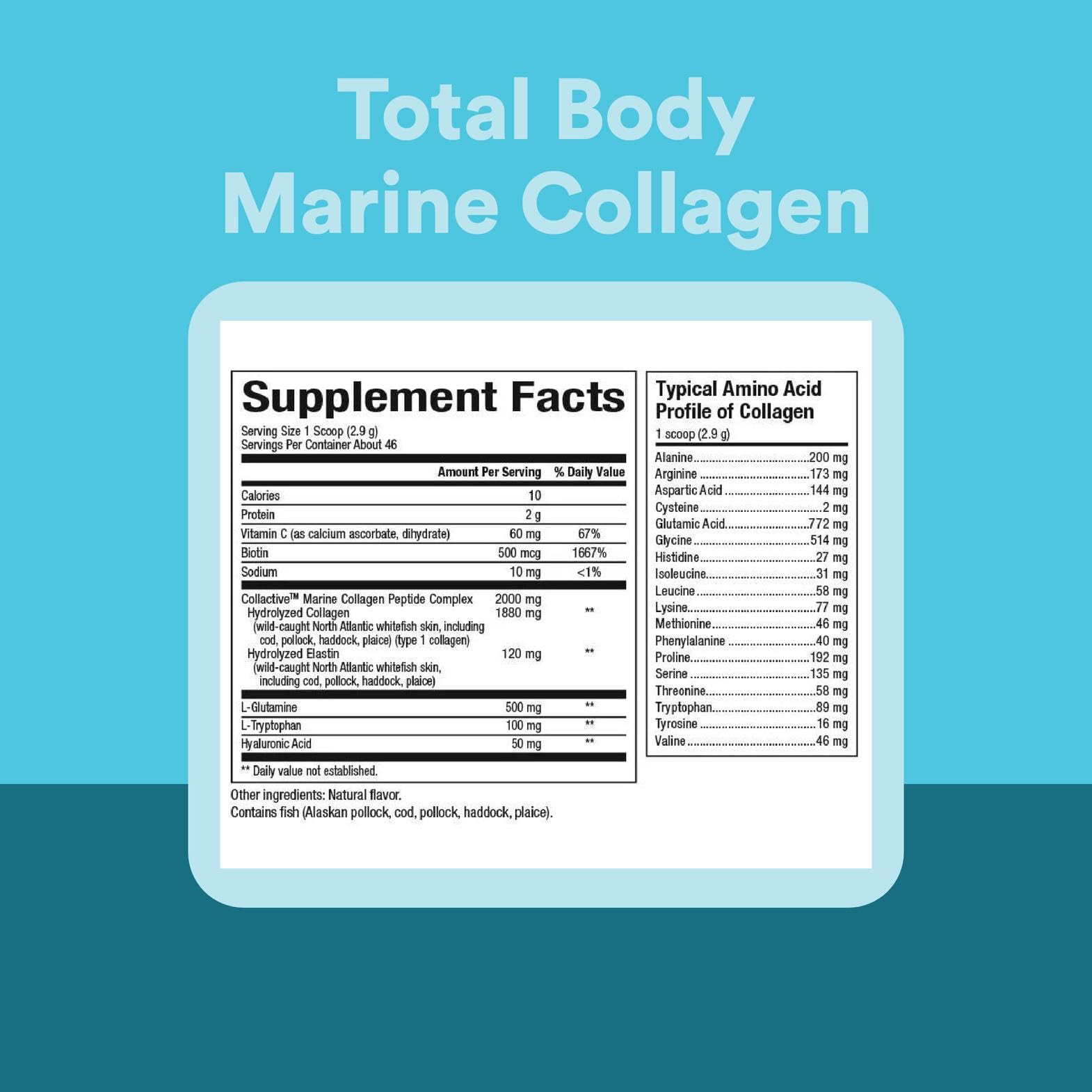 Close-up of Natural Factors Total Body Marine Collagen label with ingredient details.