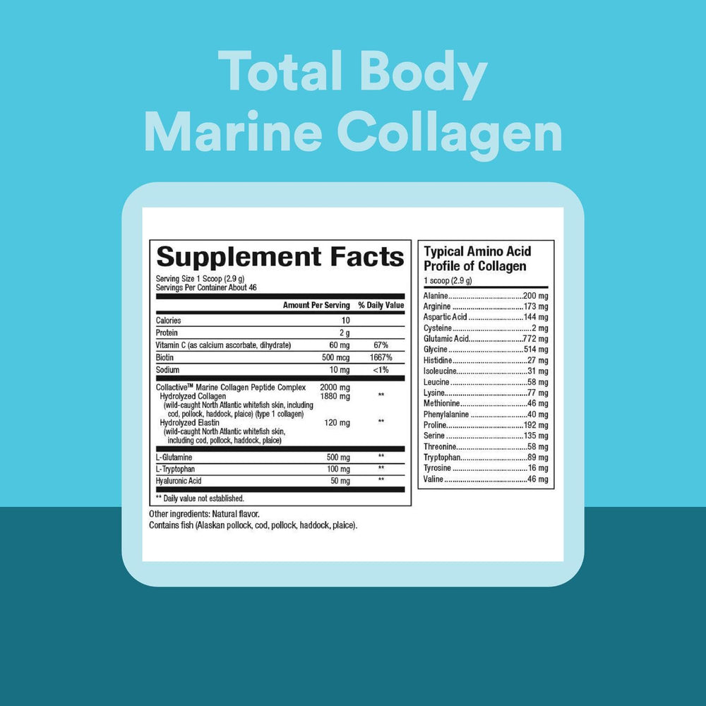 Close-up of Natural Factors Total Body Marine Collagen label with ingredient details.