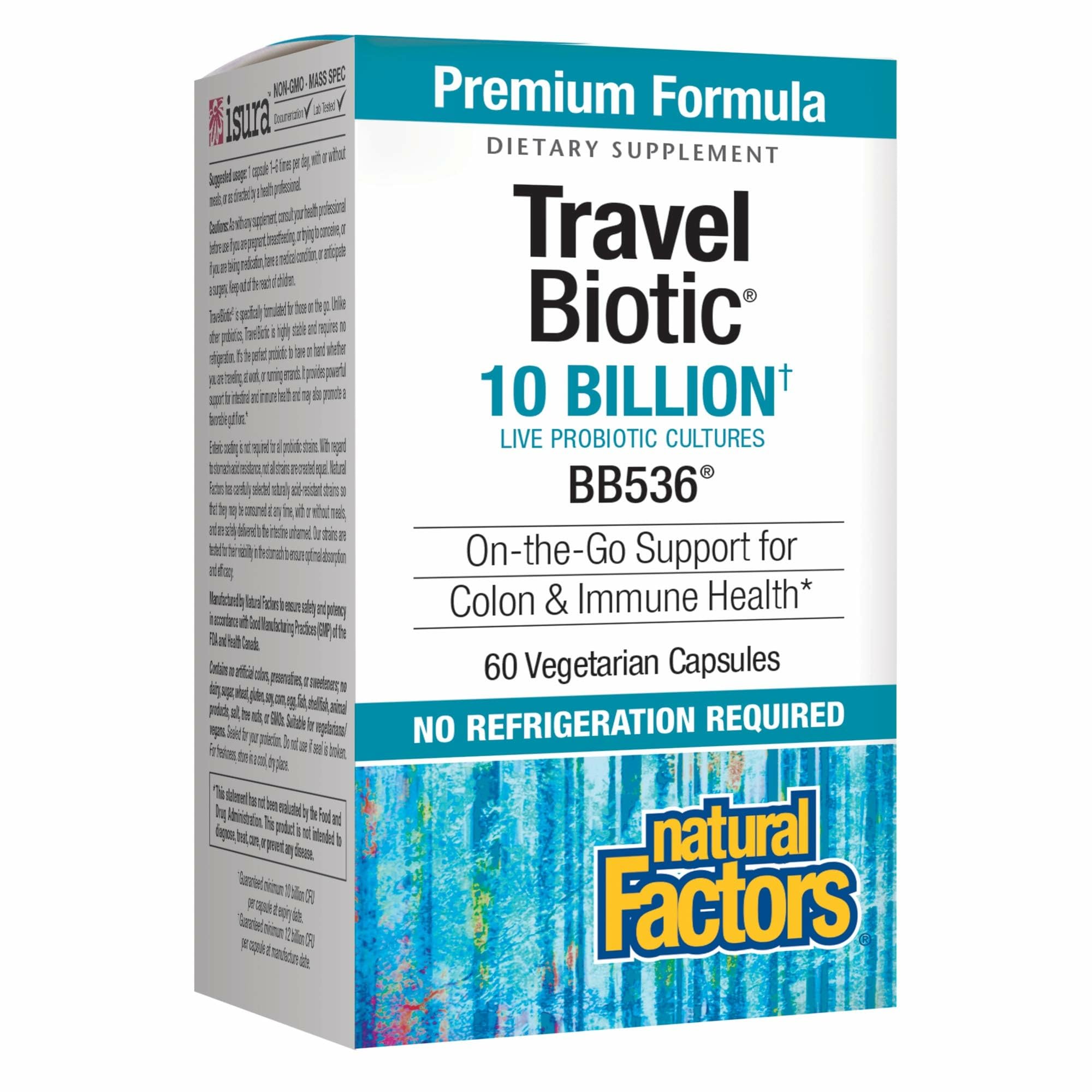 Natural Factors TravelBiotic bottle front for travel-friendly gut support