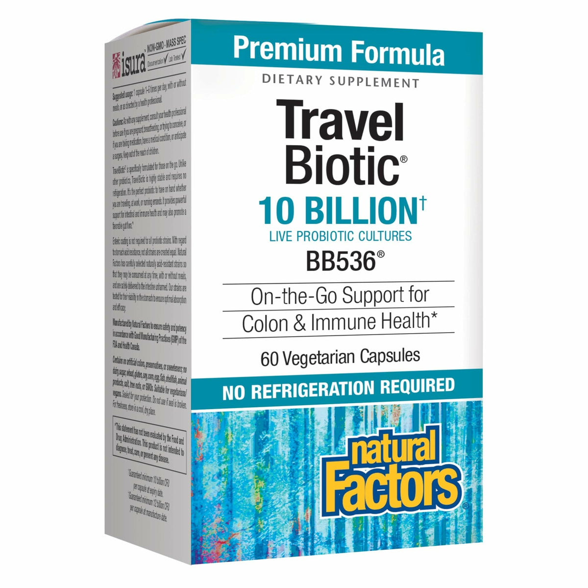 Natural Factors TravelBiotic bottle front for travel-friendly gut support