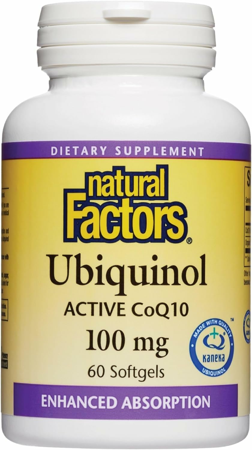 Natural Factors Ubiquinol 100 mg bottle pour highlights rapid absorption potential