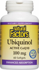 Natural Factors Ubiquinol 100 mg bottle pour highlights rapid absorption potential