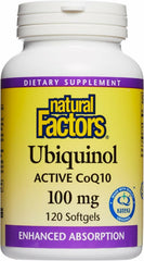 Natural Factors ubiquinol 100 mg bottle highlighting antioxidant support.