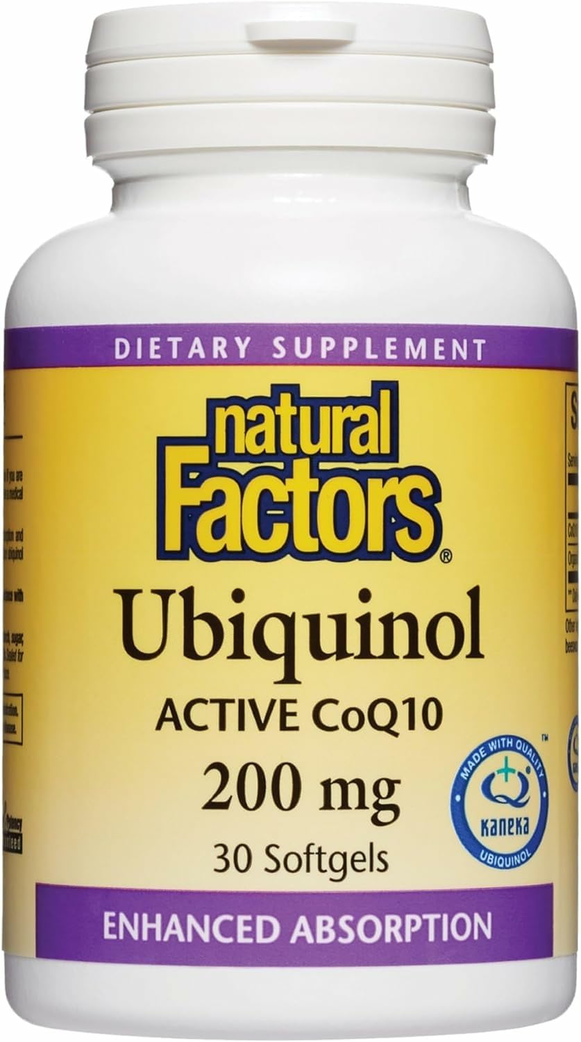 Natural Factors Ubiquinol 200 mg bottle emphasizing energy support and antioxidant potential